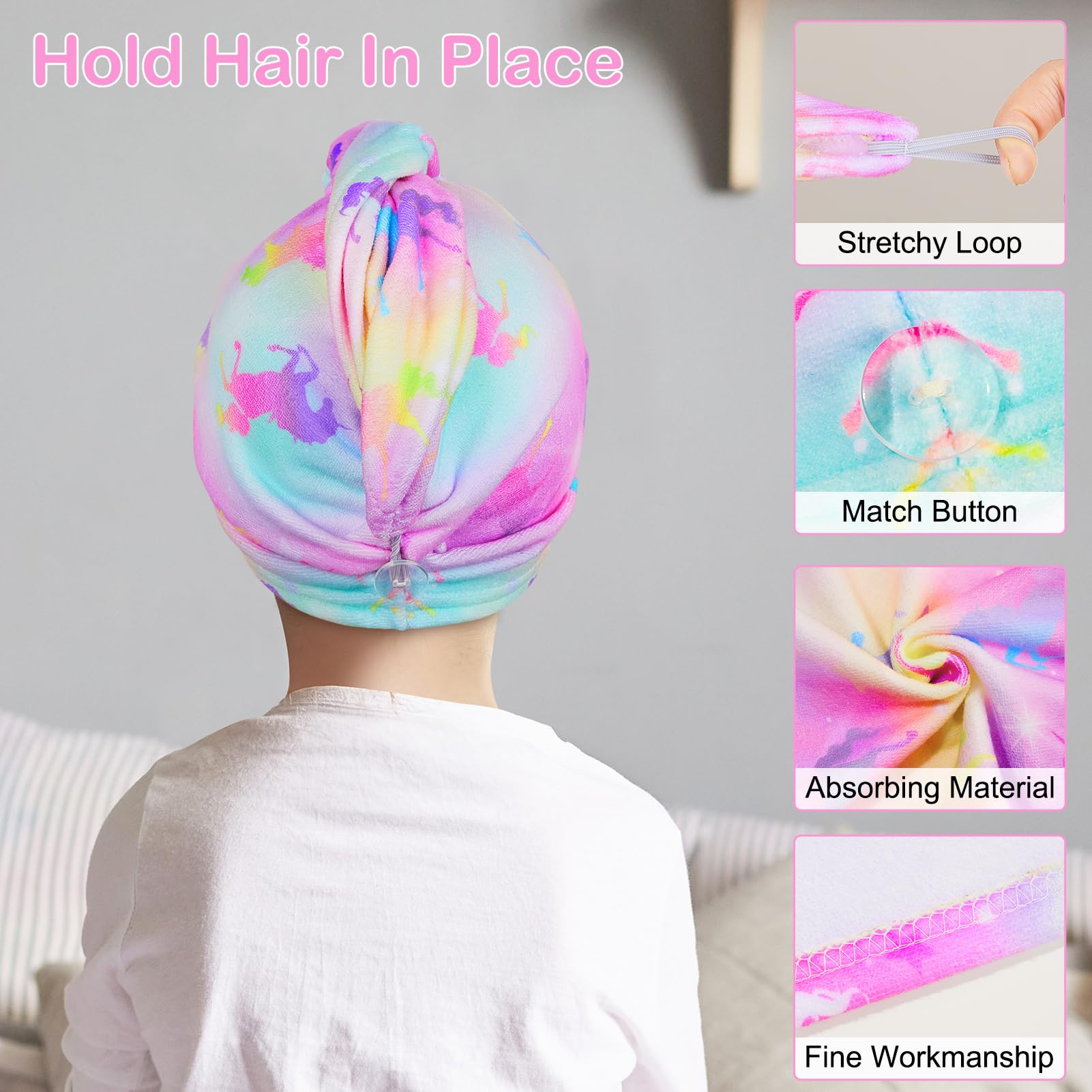 Child wearing colorful unicorn patterned microfiber hair towel