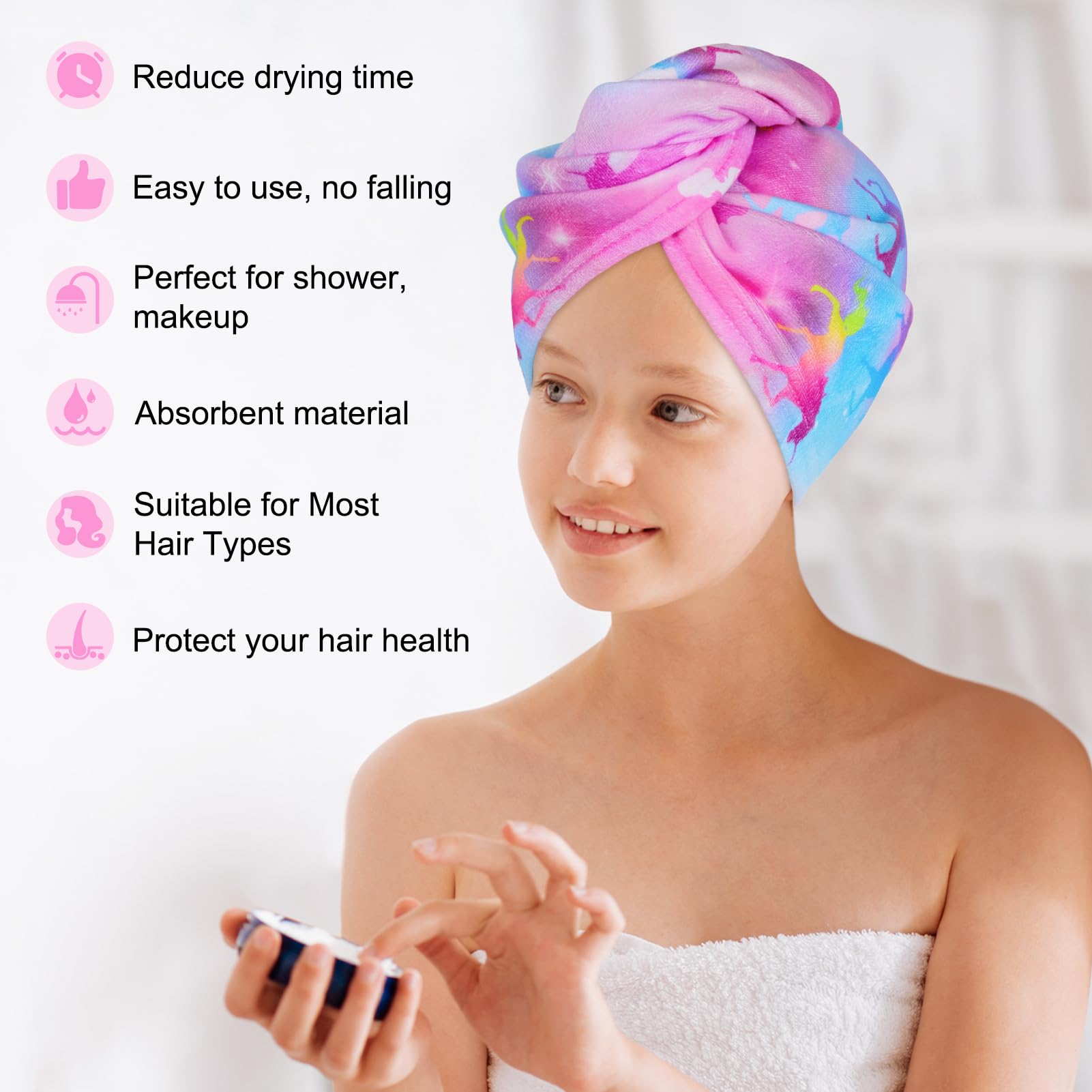 Basumee hair towel wrap being used to dry long hair