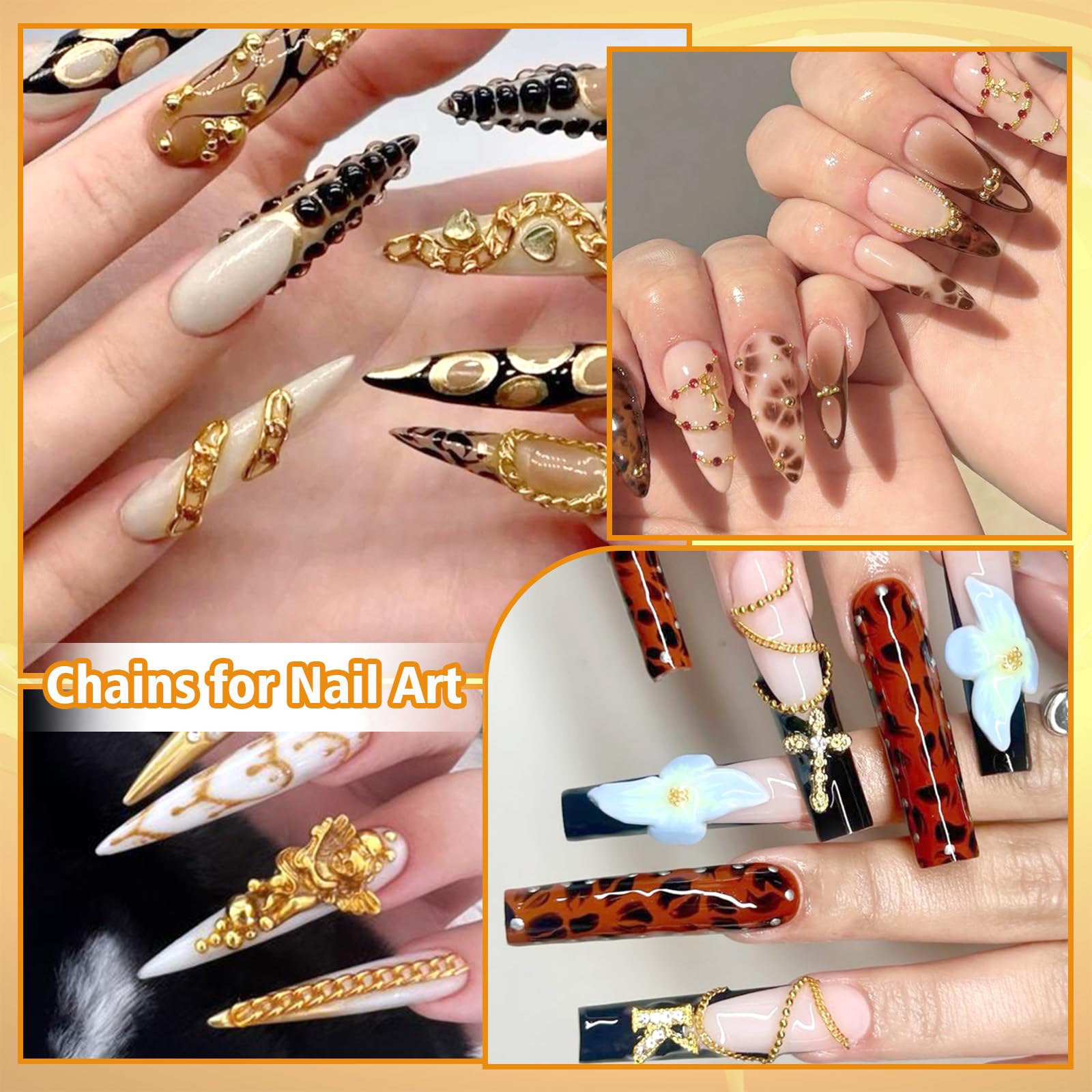 Dazzling acrylic nails decorated with Tatiwoo metal chains