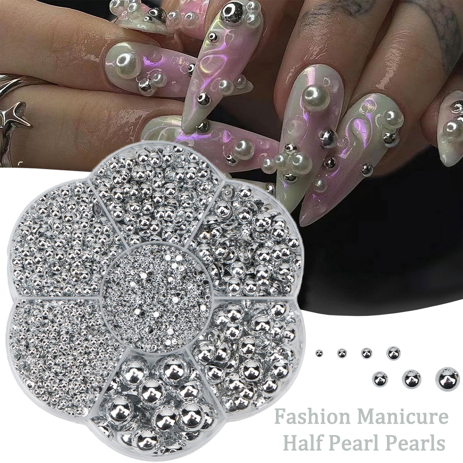 Craft supplies showing silver pearls and application tools