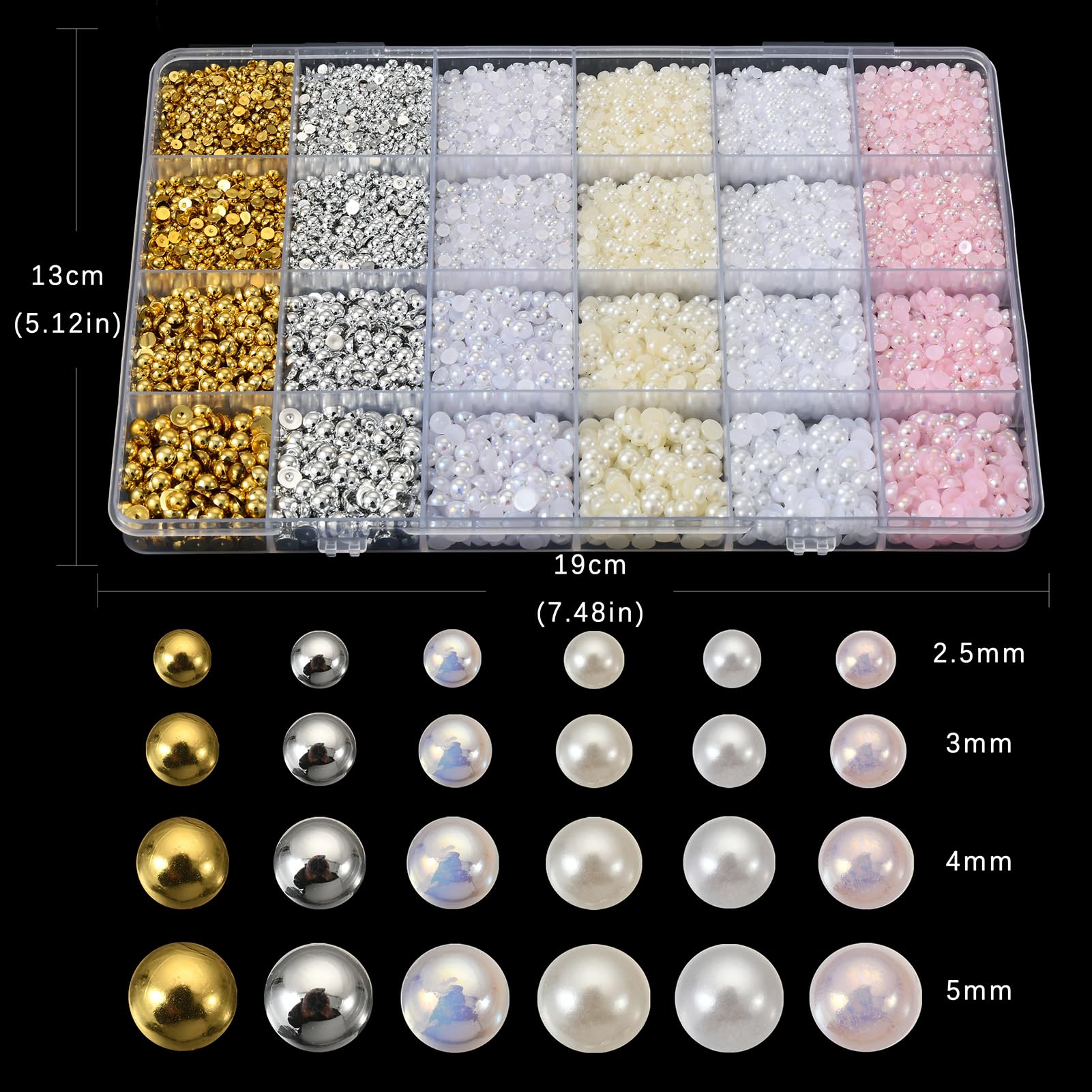 Close up view of assorted size flatback nail pearls for manicure