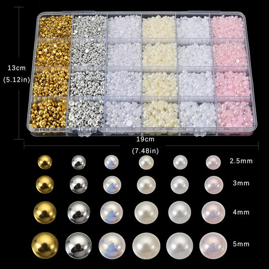 Close up view of assorted size flatback nail pearls for manicure