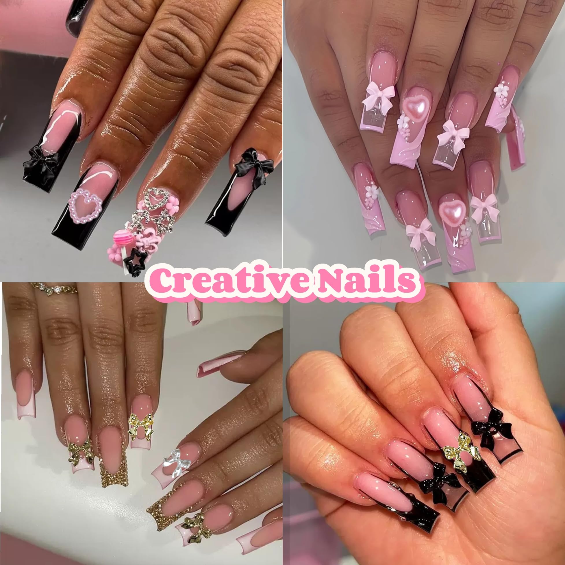 Close up of 3D gold bows and pink flower nail charms
