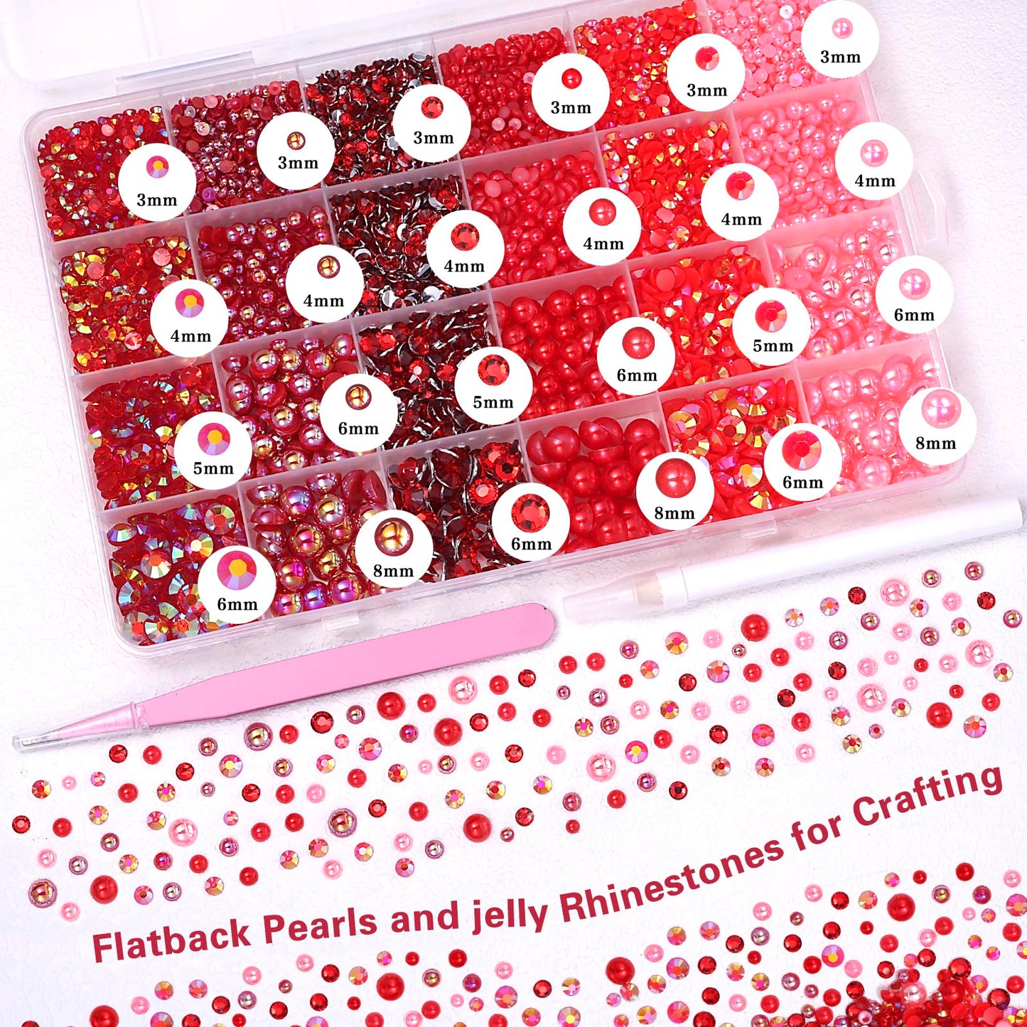 Assorted red half pearls and rhinestones in storage box