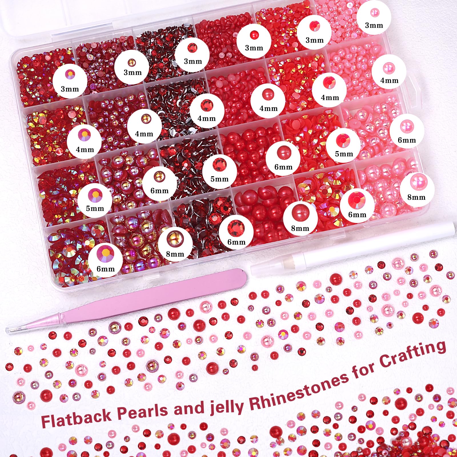Assorted red half pearls and rhinestones in storage box