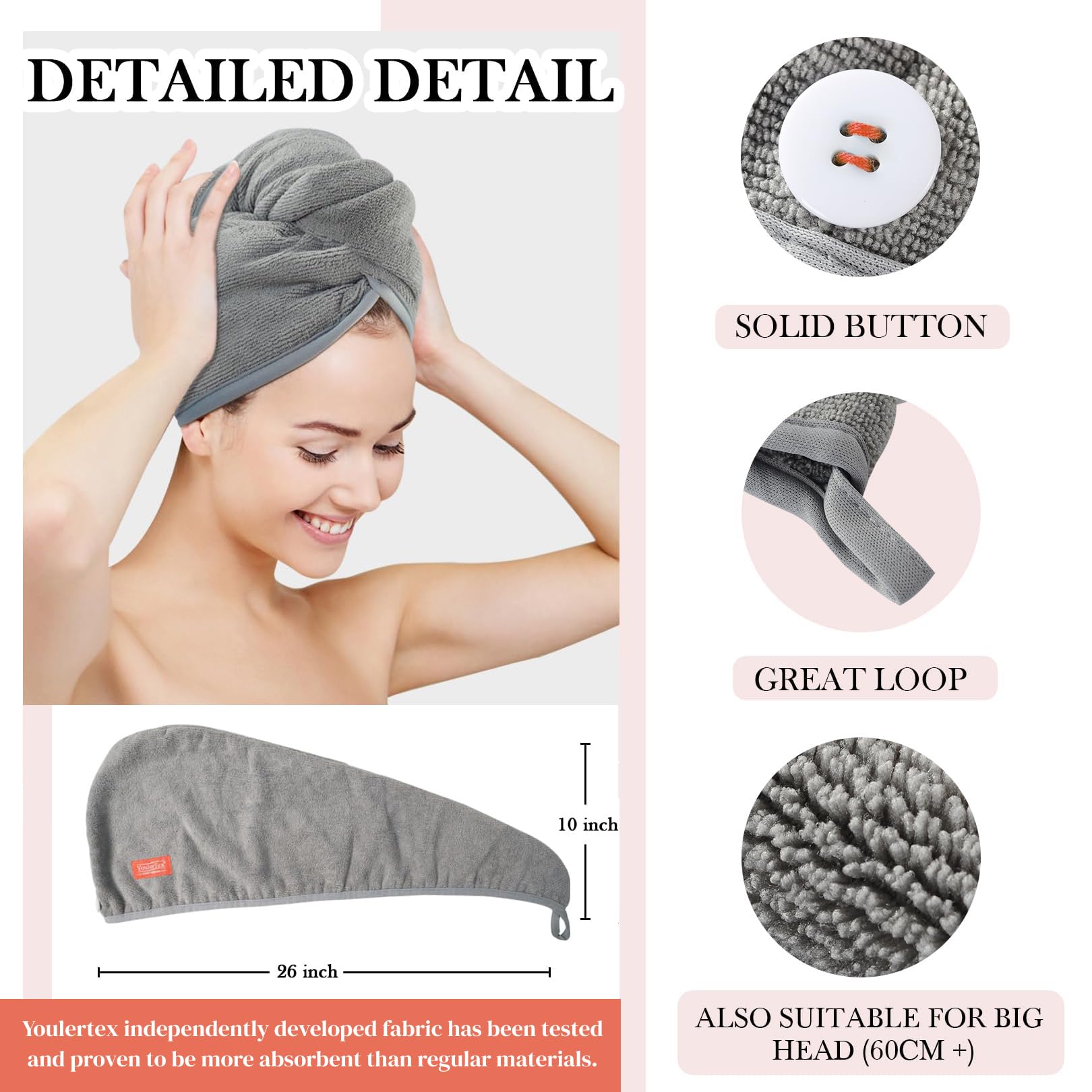 Two pack gray microfiber hair drying towels for women