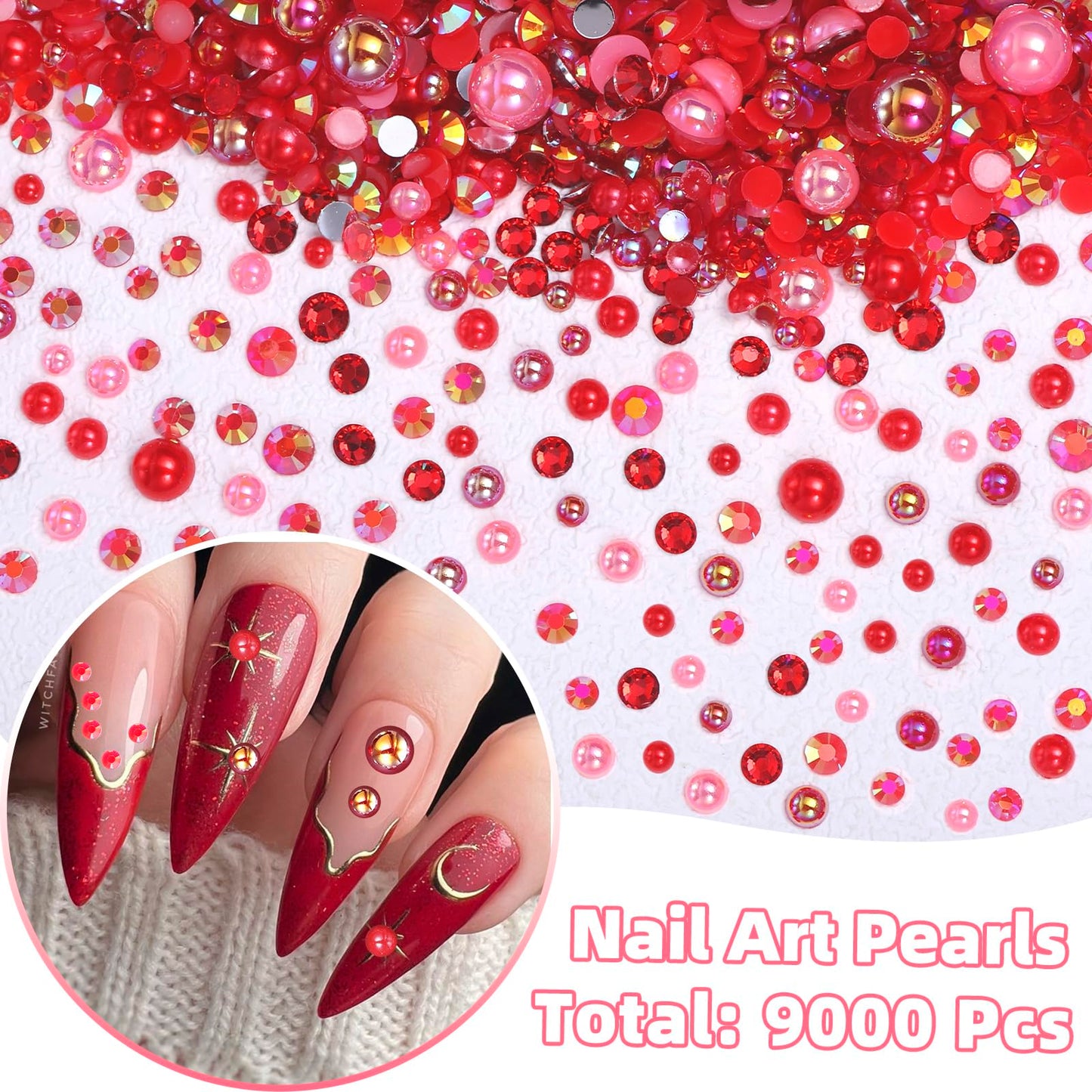 Detailed texture of mixed size red rhinestones for clothing decoration