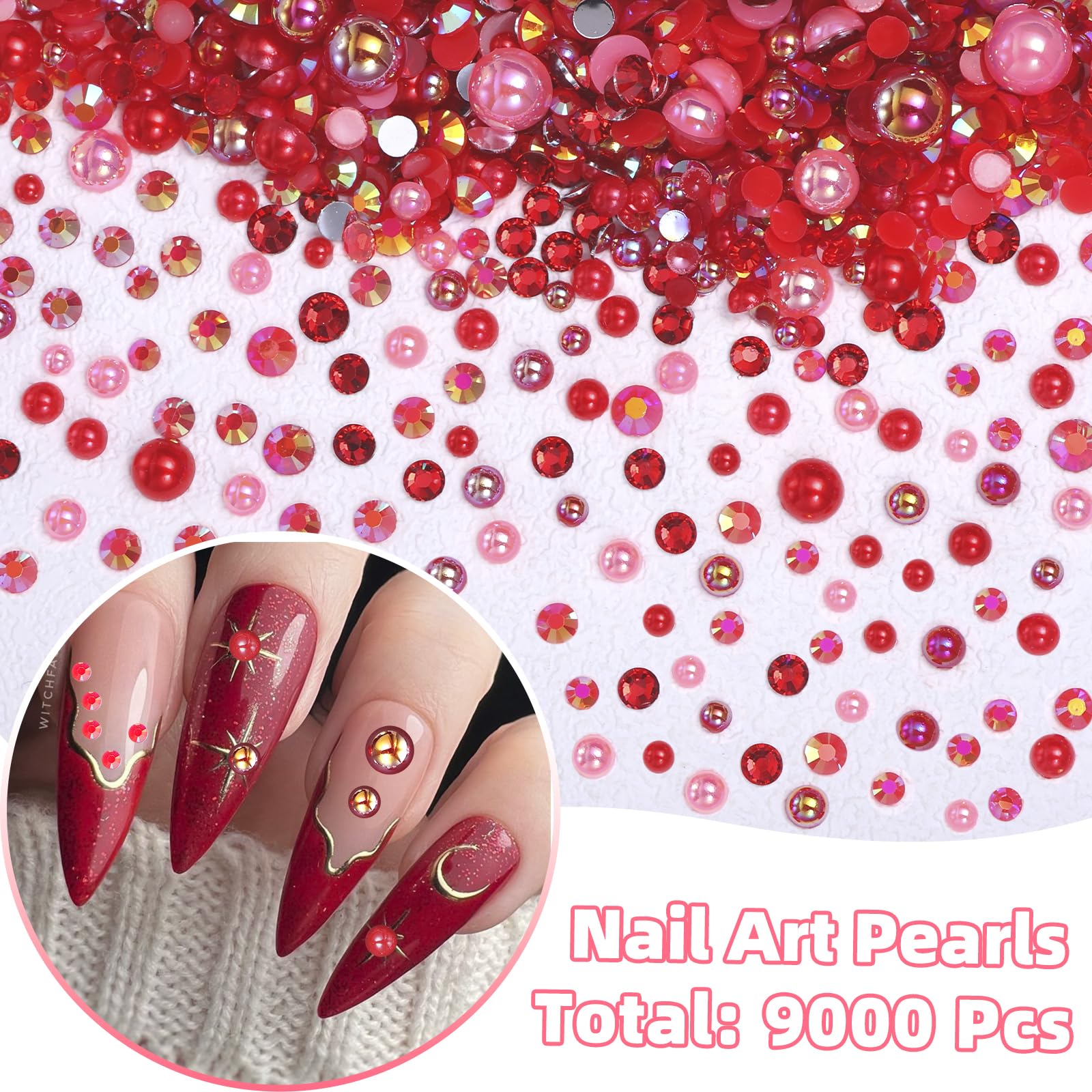 Detailed texture of mixed size red rhinestones for clothing decoration
