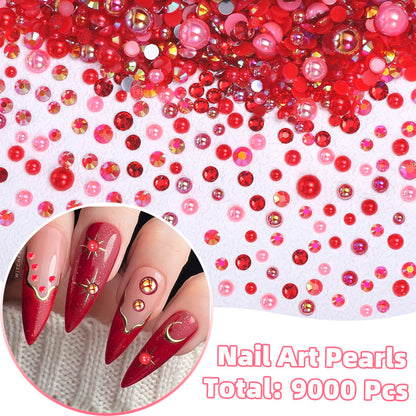 Detailed texture of mixed size red rhinestones for clothing decoration
