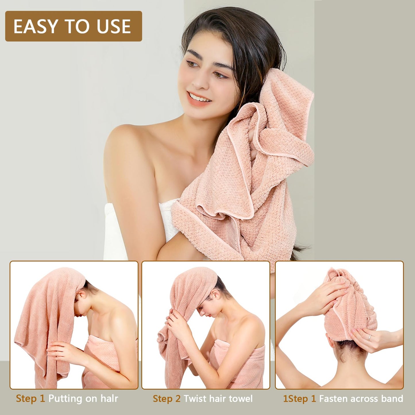 Model demonstrating how to wear the Laojbaba hair towel wrap
