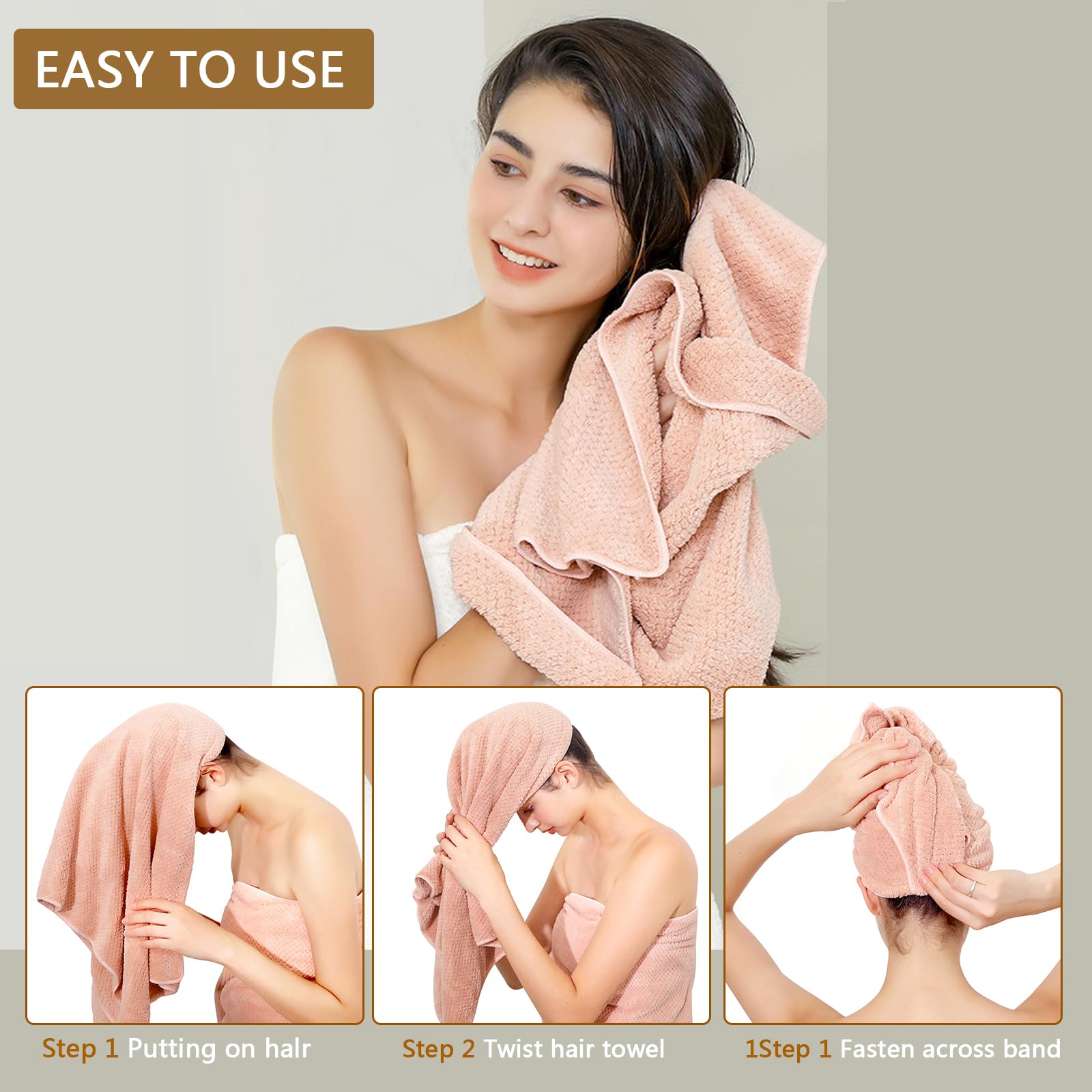 Model demonstrating how to wear the Laojbaba hair towel wrap