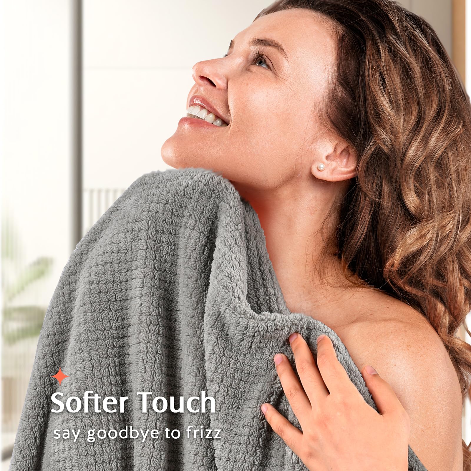 Side view of woman wearing Yfong microfiber hair wrap
