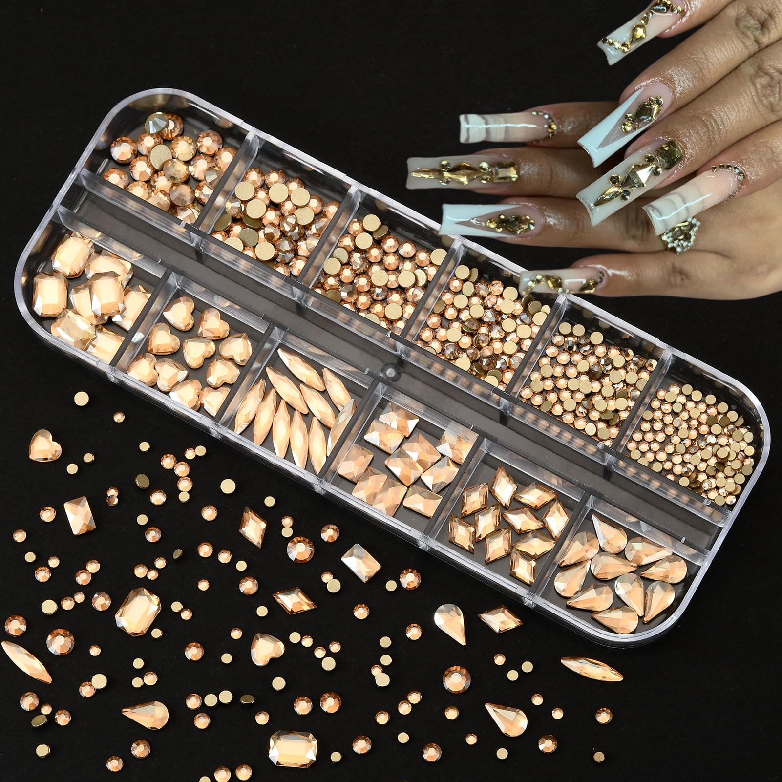 Detailed view of pearl and rhinestone nail decoration kit