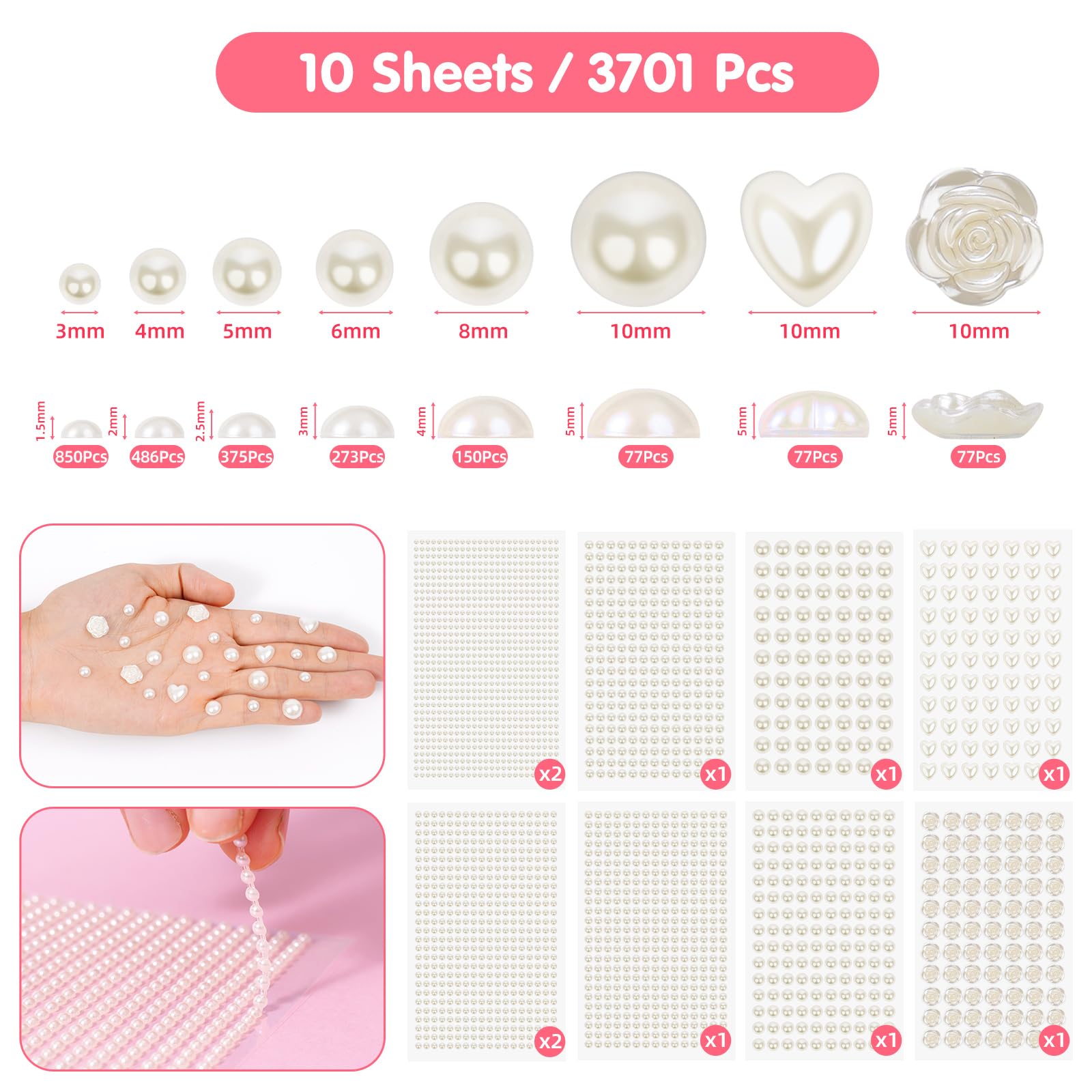 Close up of assorted size white pearl stickers for makeup