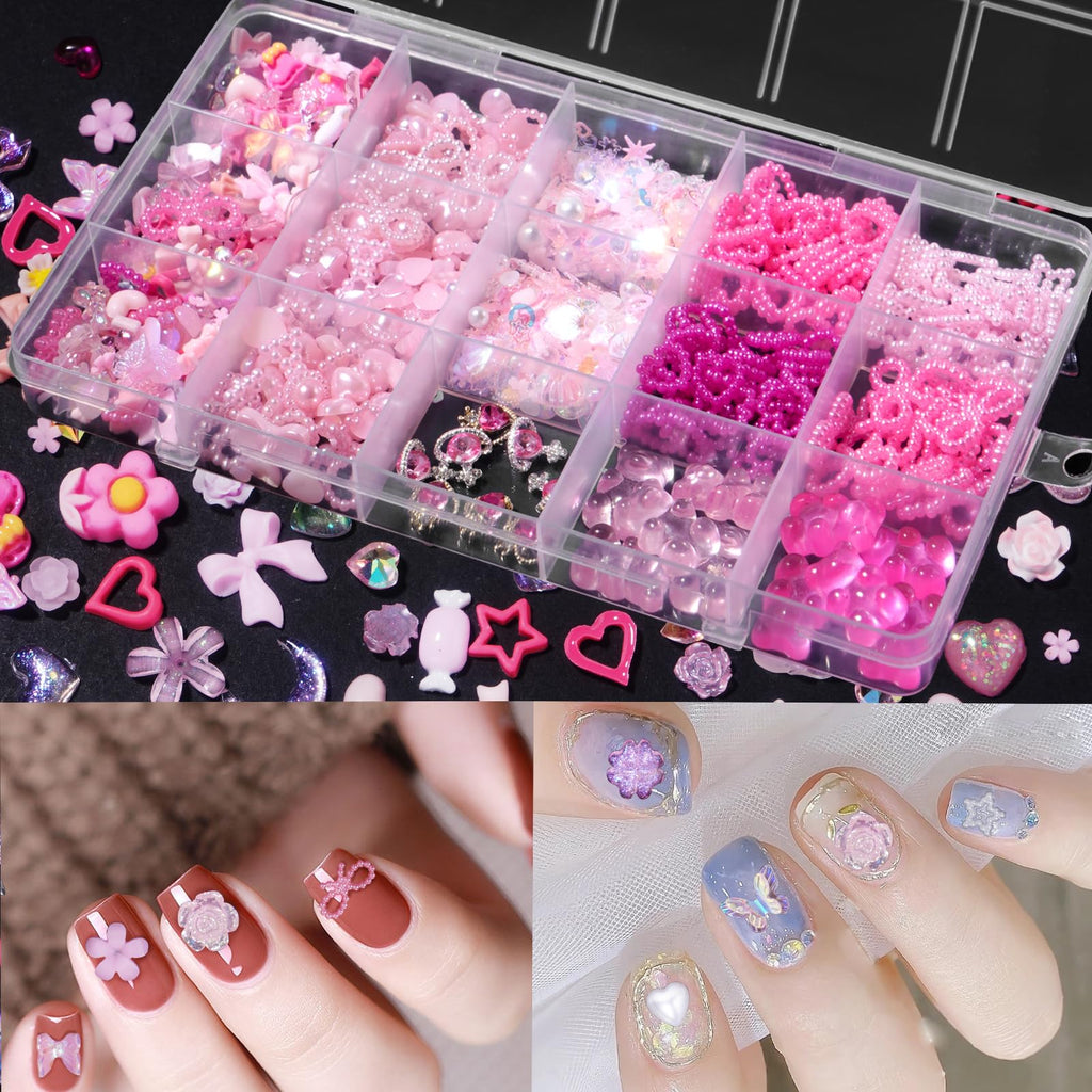 Detailed shot of coquette style pink bow nail accessories