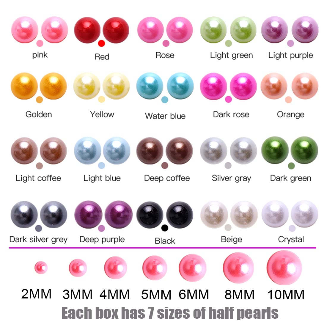 Collection of seven sizes of half round craft pearls