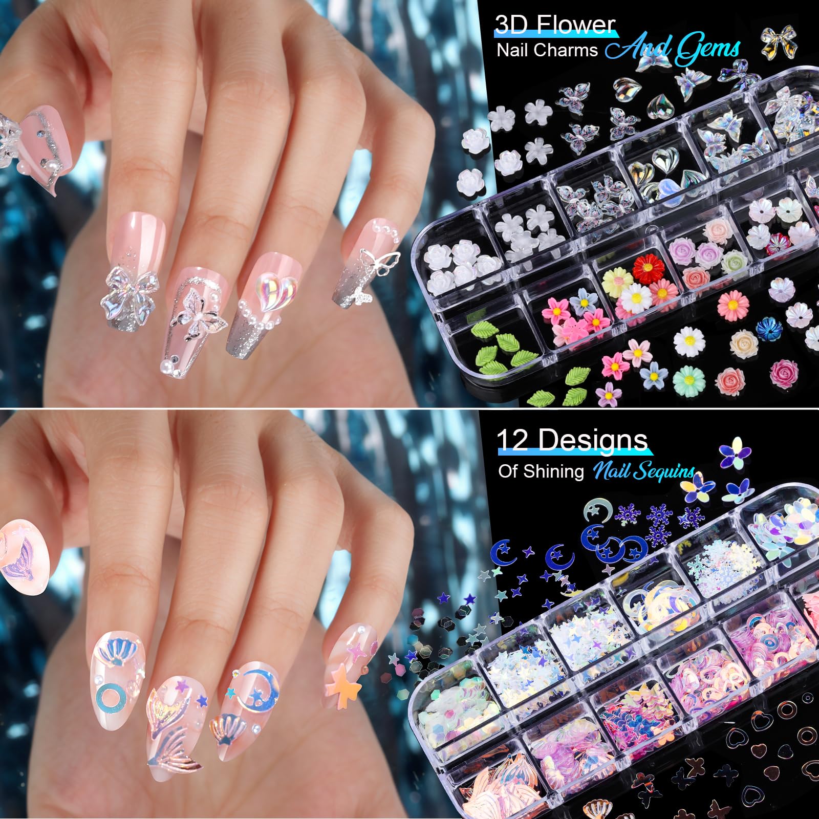 Detailed view of 3D gold nail charms and assorted gems