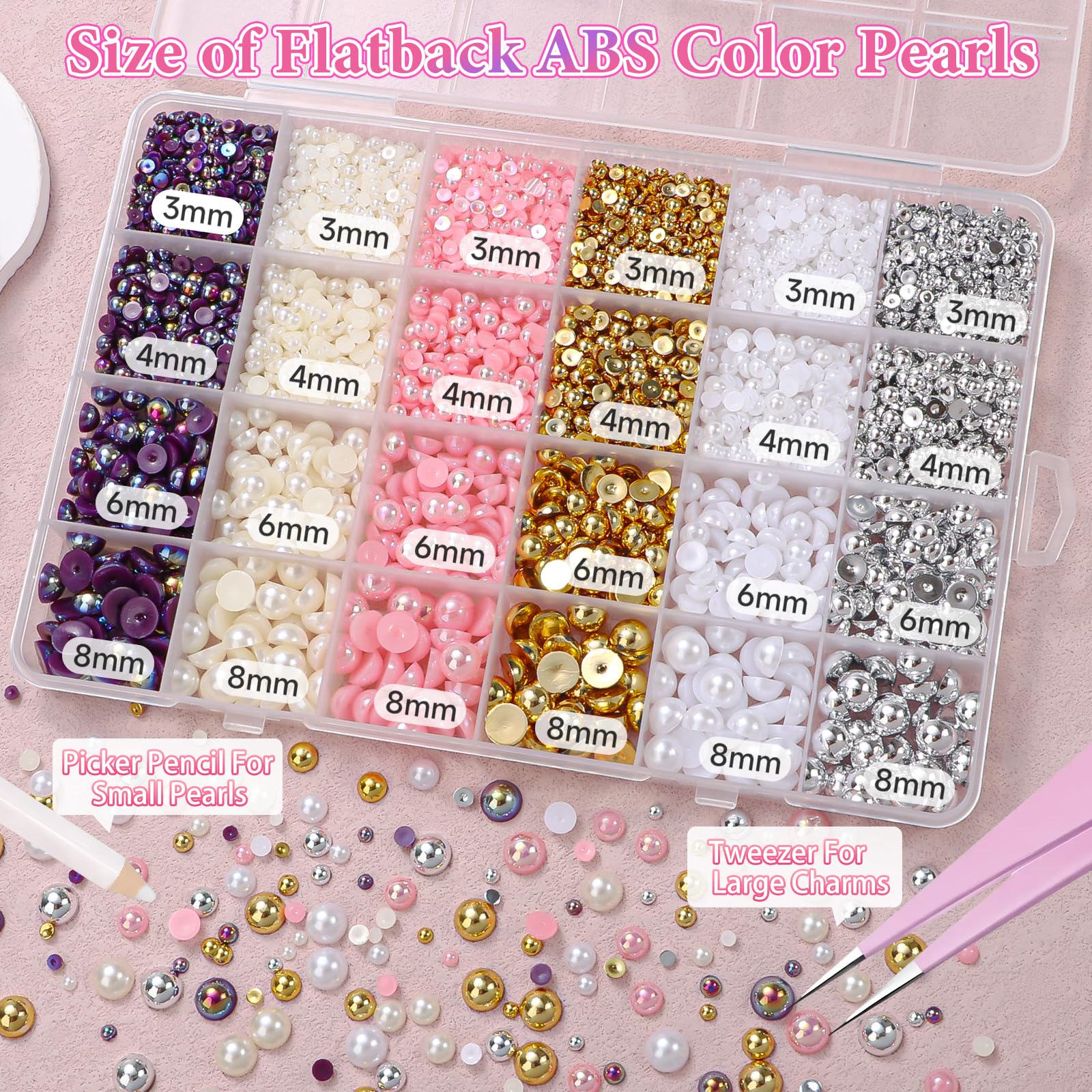 Assorted colors and sizes of Tatiwoo flatback nail pearls