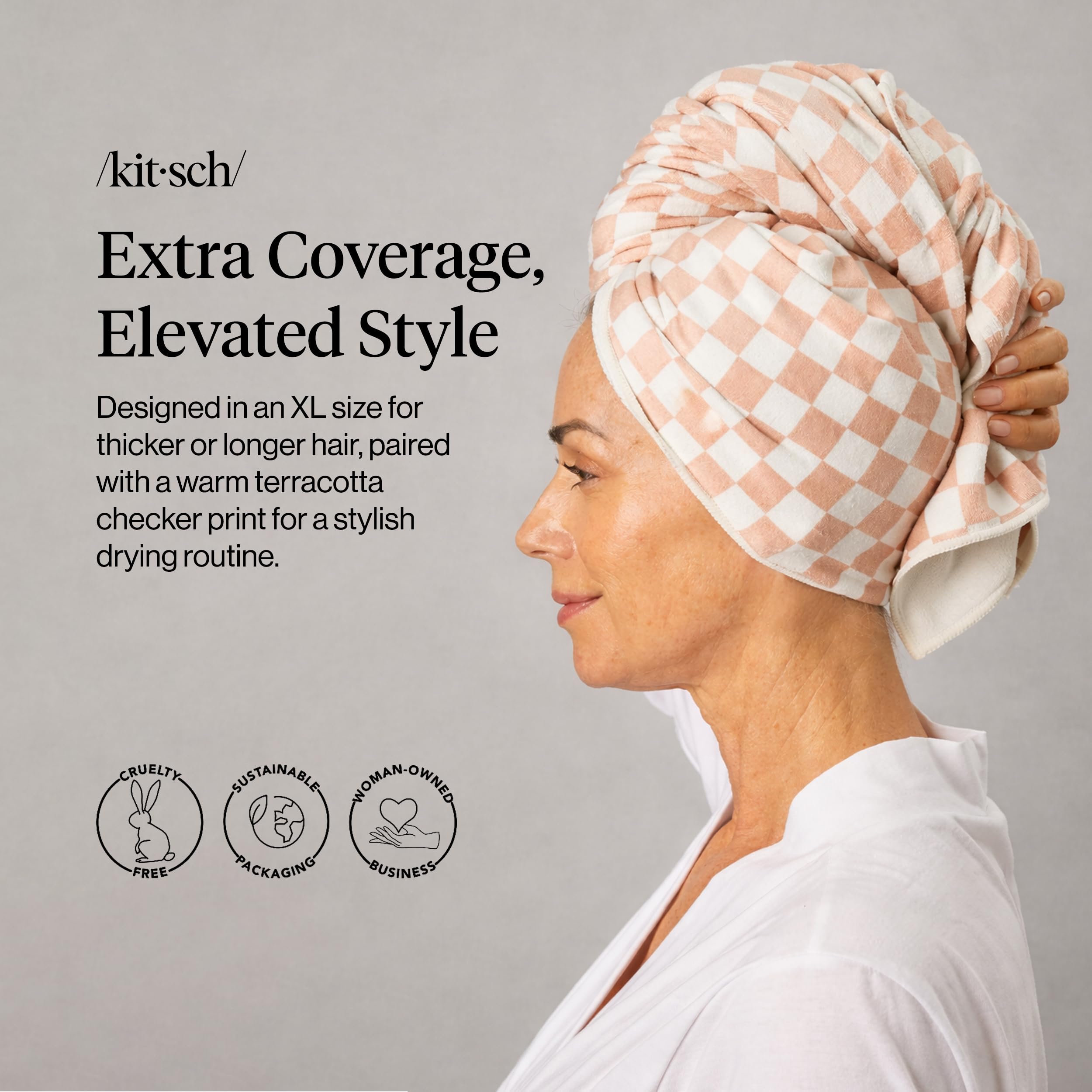 Kitsch terracotta checkered microfiber hair towel showing button closure
