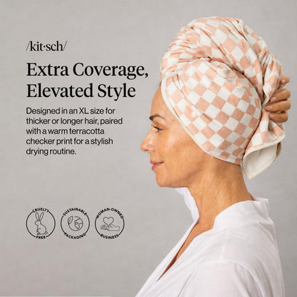 Kitsch terracotta checkered microfiber hair towel showing button closure