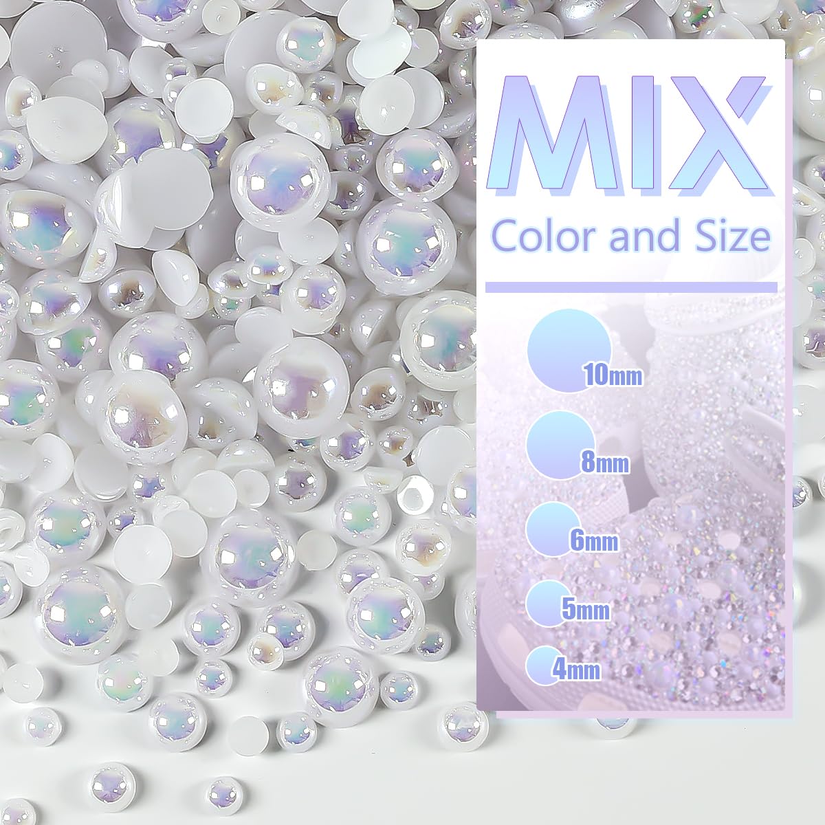 Close up of 4mm to 10mm iridescent flatback craft pearls