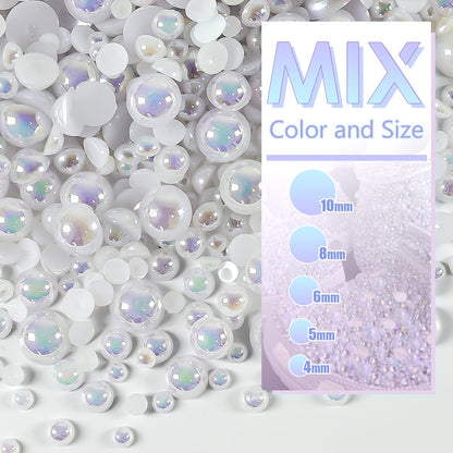 Close up of 4mm to 10mm iridescent flatback craft pearls