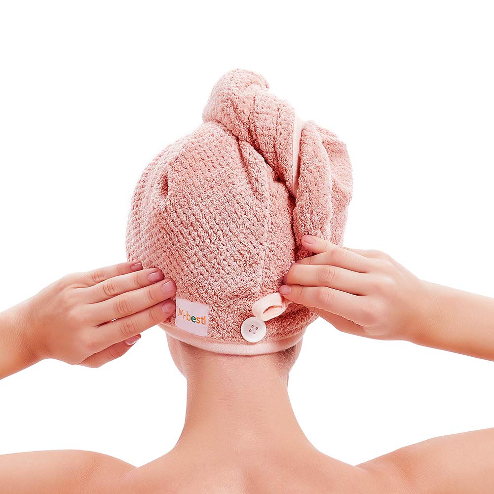 Side view of microfiber hair towel wrap on head