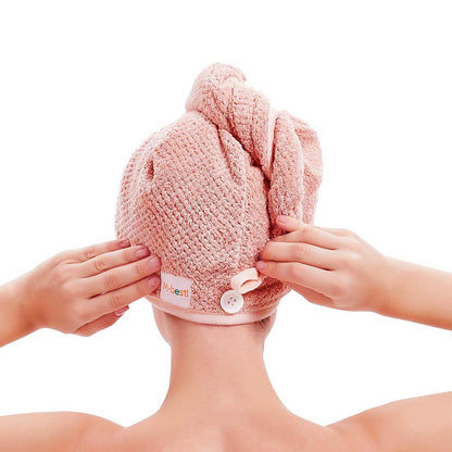 Side view of microfiber hair towel wrap on head