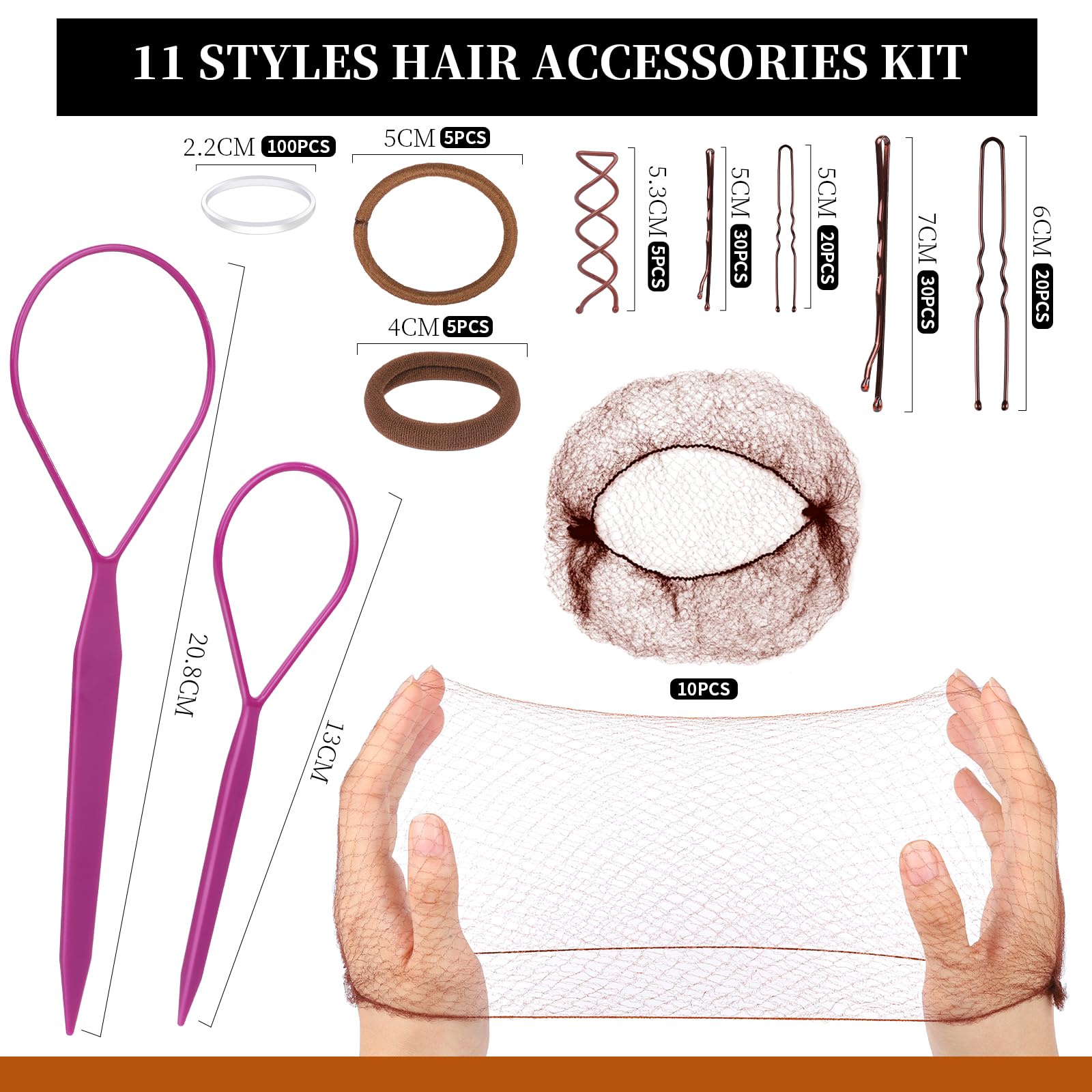 Close up view of brown U-shaped pins and classic bobby pins from the Teenitor hair styling set