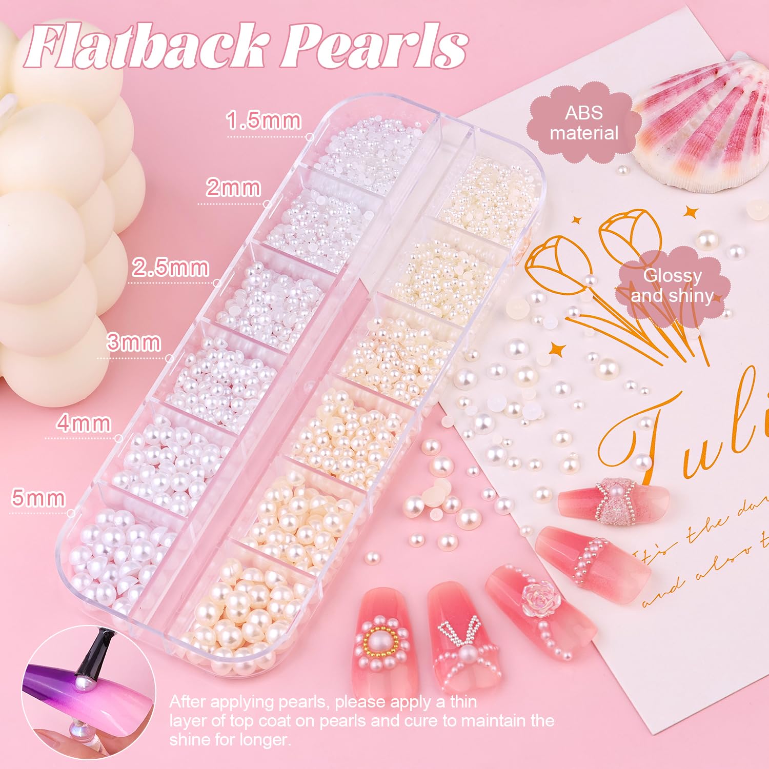 Close up of Belleboost white and beige flatback pearls for nail art