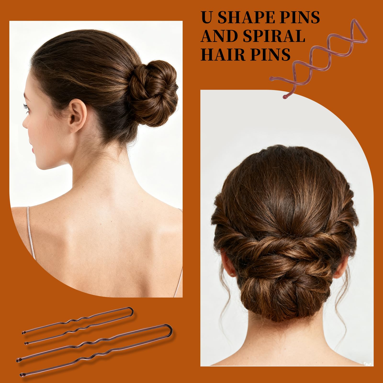 Different sizes of Teenitor brown metal bobby pins displayed neatly on a white surface