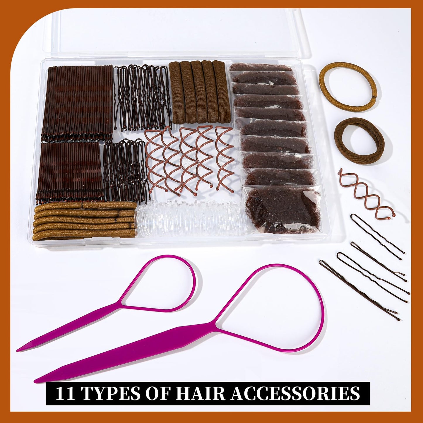 Full packaging contents of the Teenitor brown hair accessory kit for women dance and bridal styling