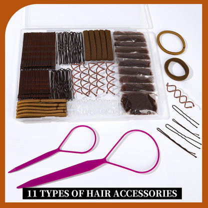 Full packaging contents of the Teenitor brown hair accessory kit for women dance and bridal styling