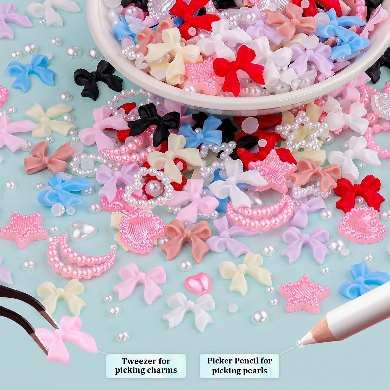 Close up view of colorful bow shaped nail charms in grid organizer