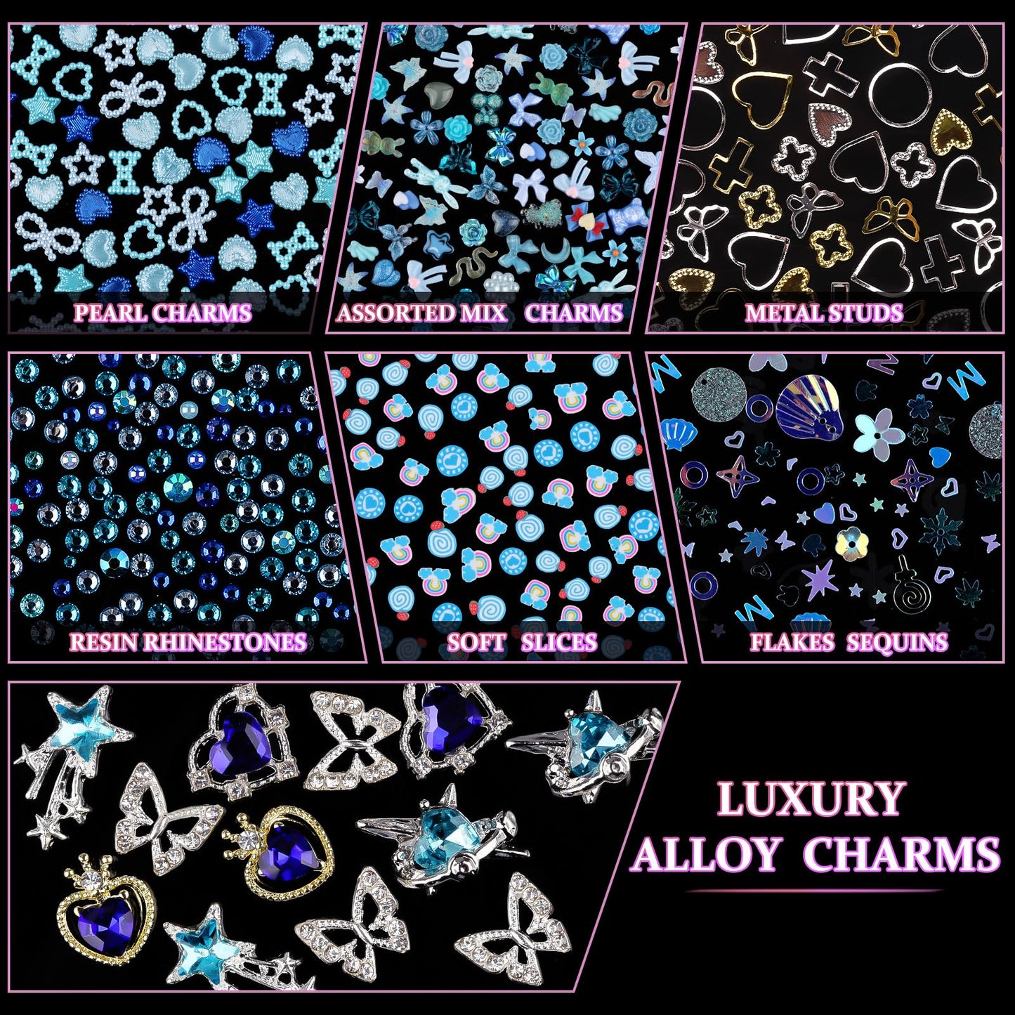 Flatback pearls and metallic gems in blue storage case