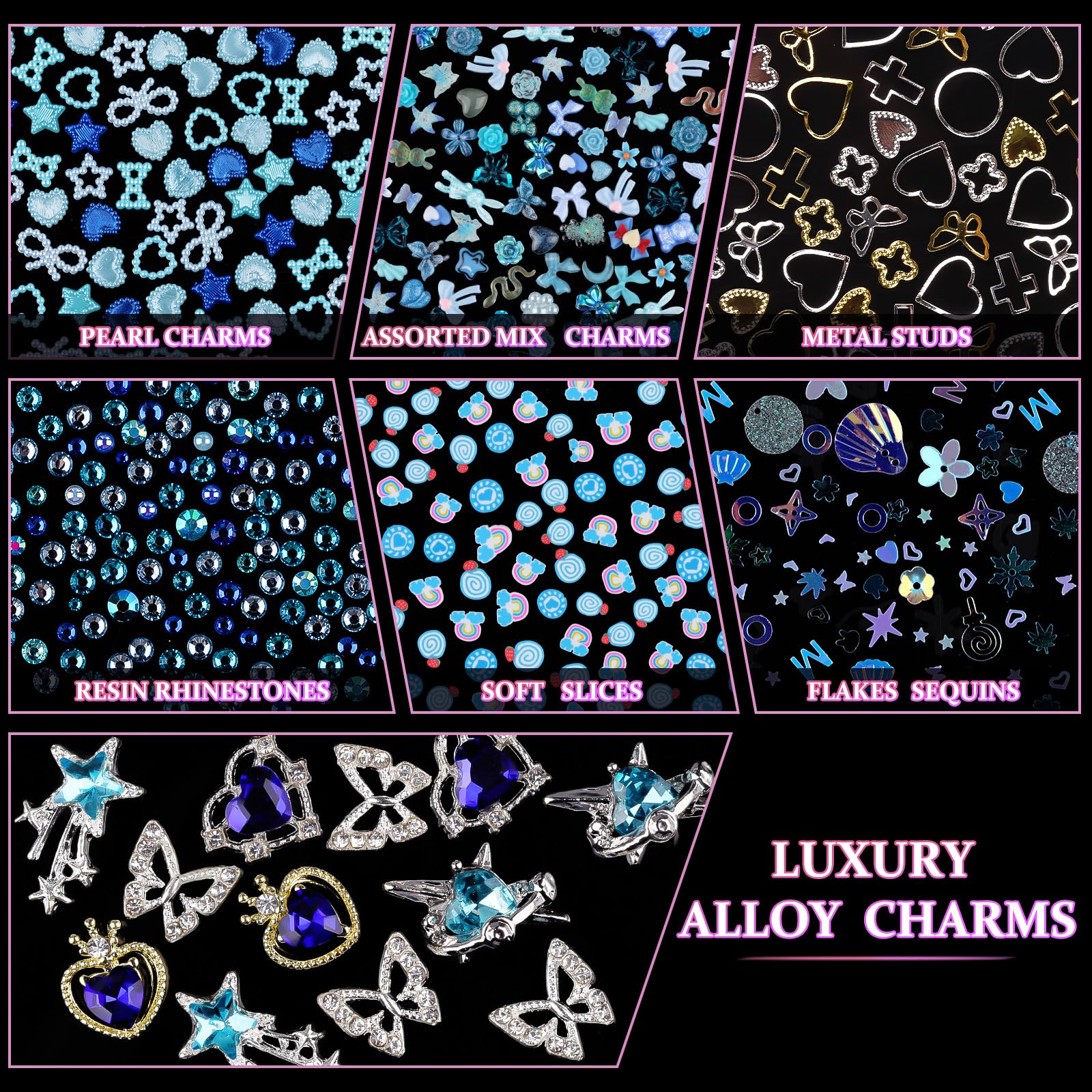 Flatback pearls and metallic gems in blue storage case