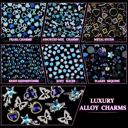 Flatback pearls and metallic gems in blue storage case