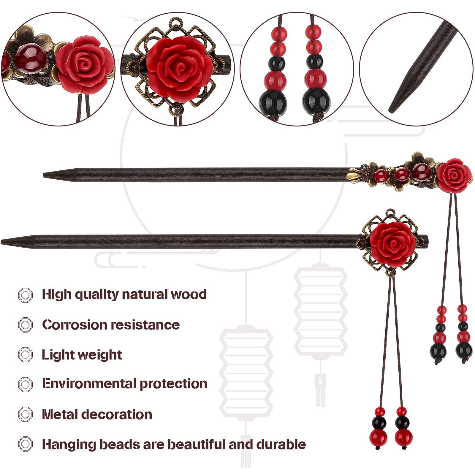 Close up view of the intricate vintage flower hair chopsticks illustrating the polished wood craftsmanship.