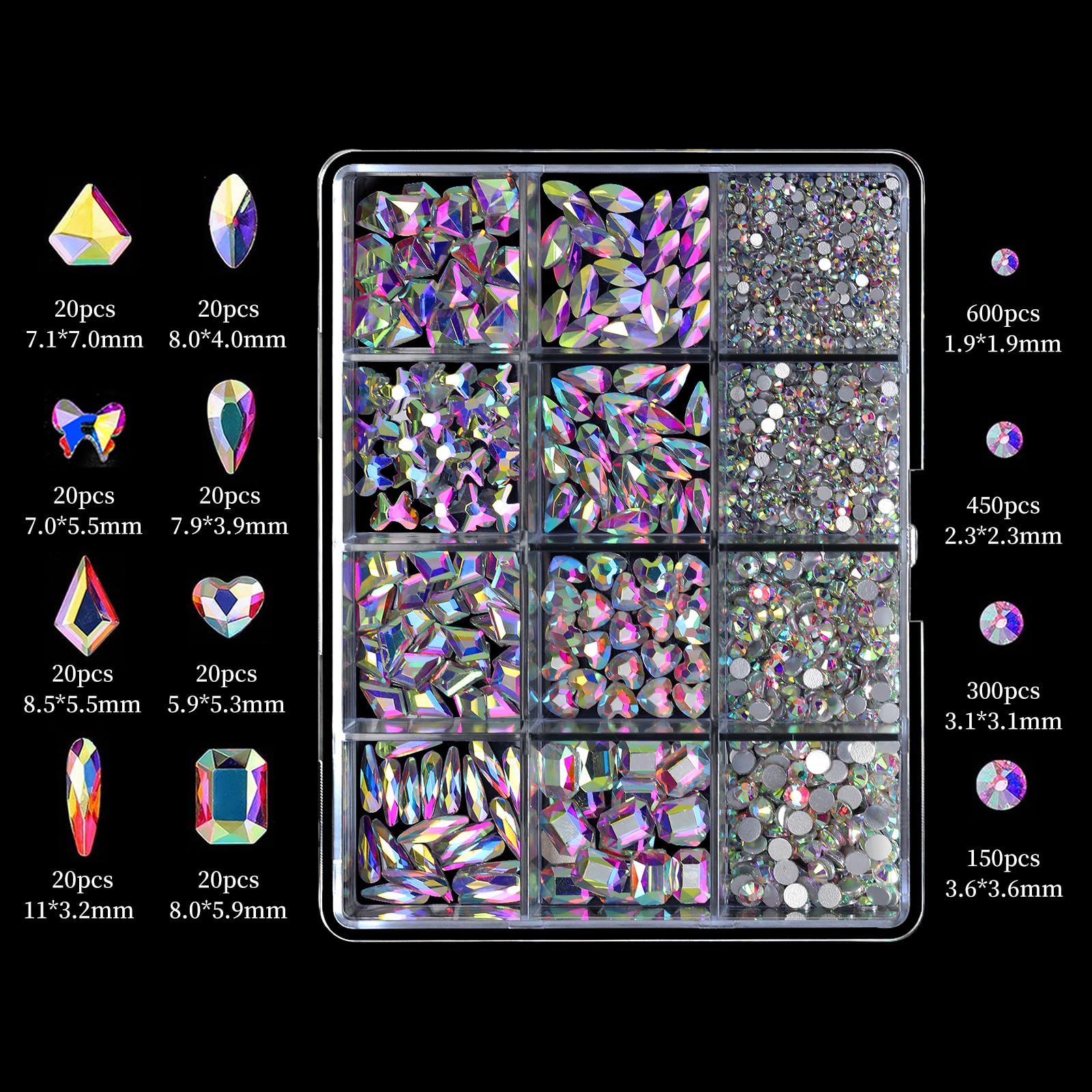 Flatback rhinestones in 4 sizes displayed for nail art decoration