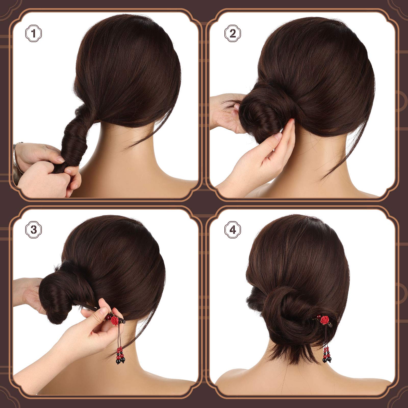 Demonstration of the retro wooden hair accessory holding a woman's long hair securely in a traditional chignon bun.