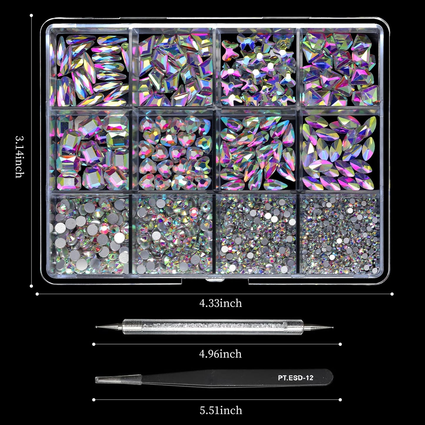 Crystal AB nail art kit organized in a transparent diamond storage box