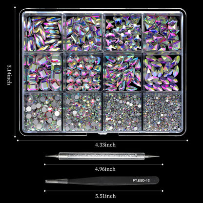 Crystal AB nail art kit organized in a transparent diamond storage box