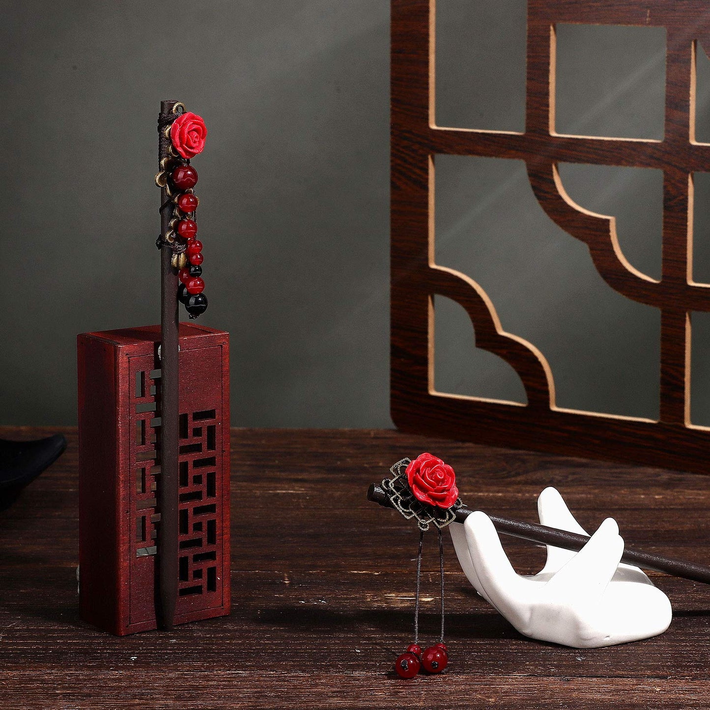 Dremisi retro style wooden hair sticks with delicate hanging beads showcasing authentic traditional Asian aesthetics.