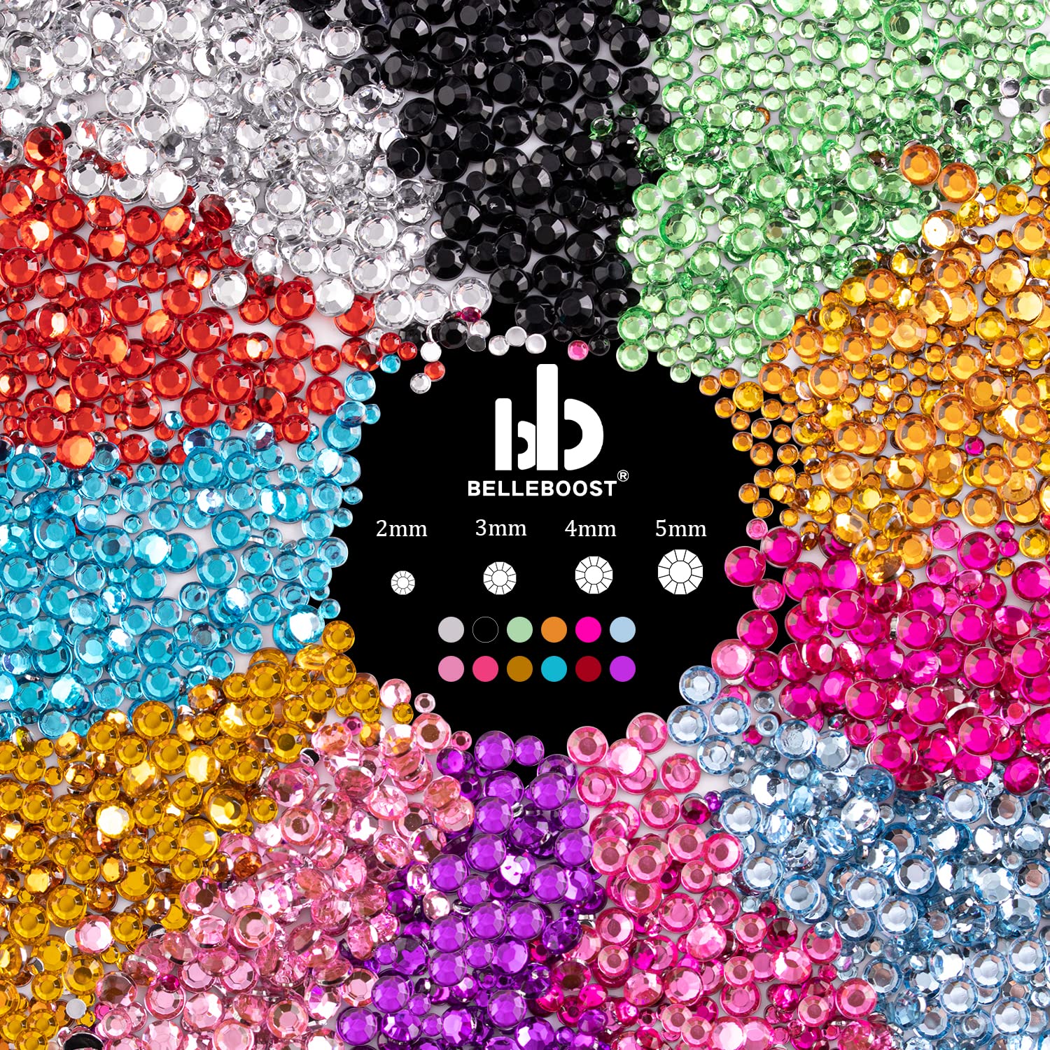 Close up of 12 vibrant colors of flat back rhinestones for nail art