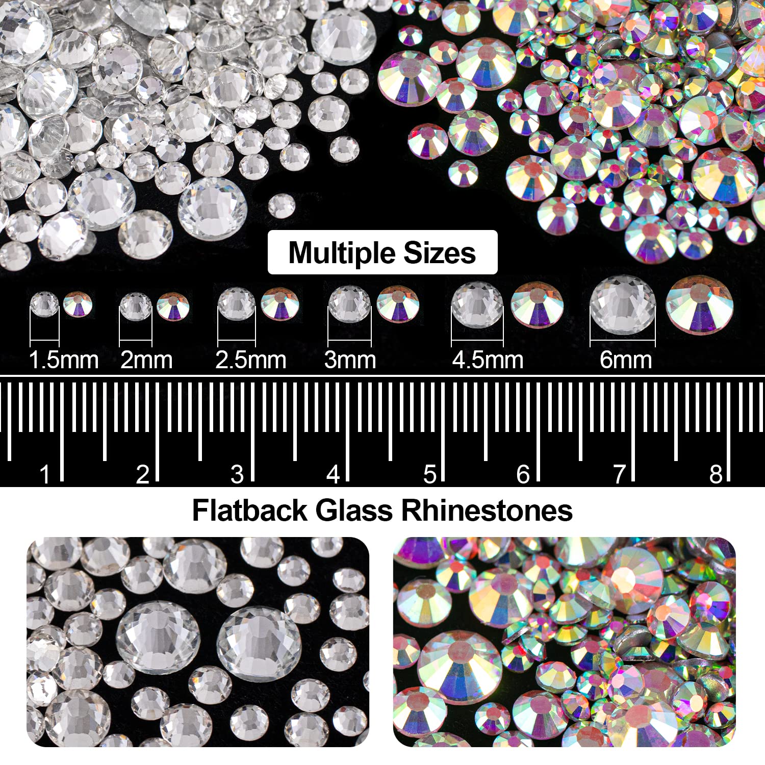 Crystal AB and transparent white face gems arranged in a display box