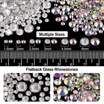 Crystal AB and transparent white face gems arranged in a display box