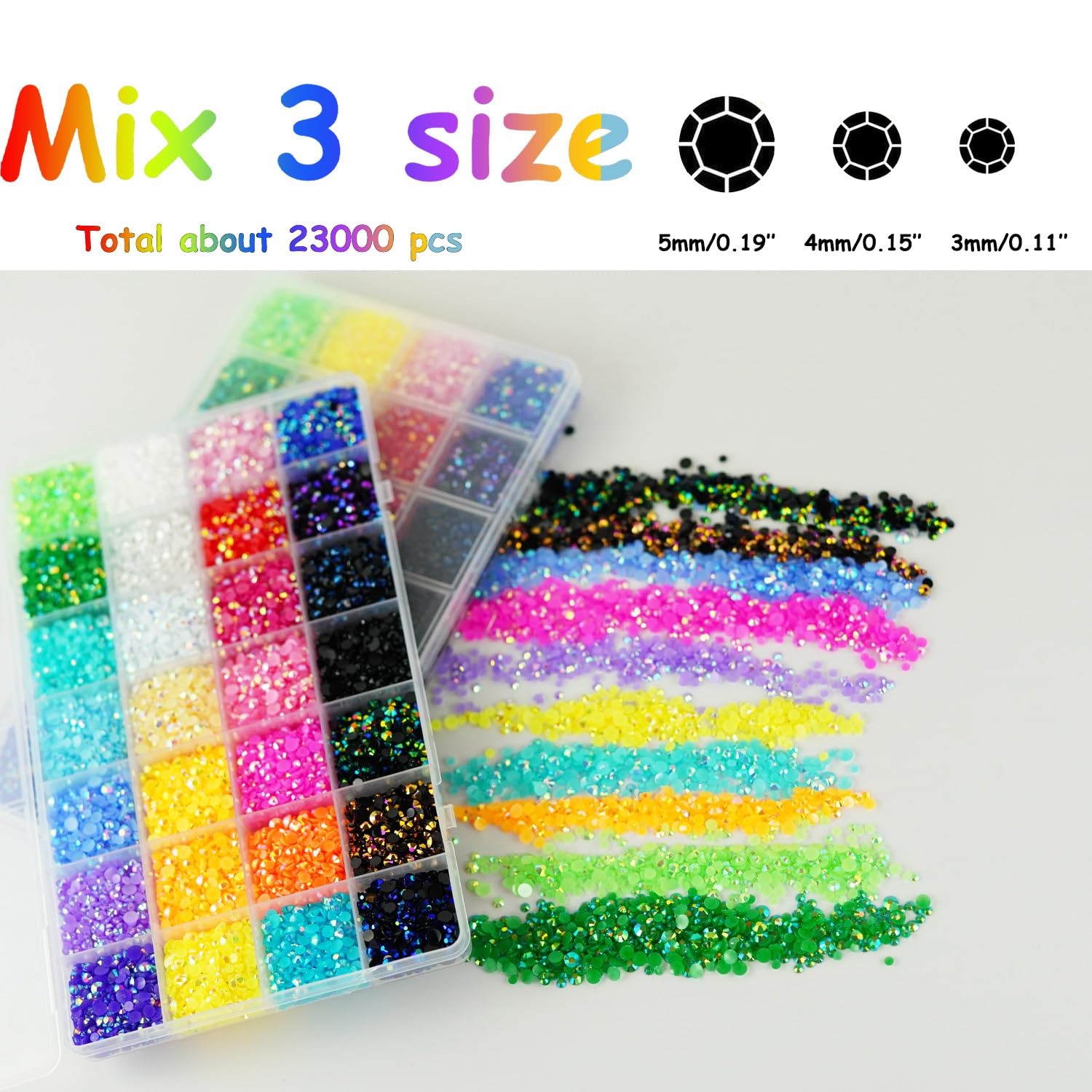Close up of Alociam multicolor jelly AB rhinestones in divided container