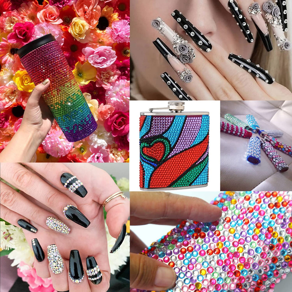 Full packaging layout of the Belleboost rhinestone collection and tools.