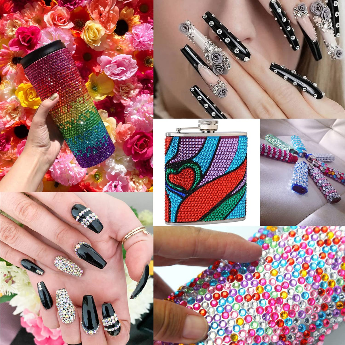 Full packaging layout of the Belleboost rhinestone collection and tools.