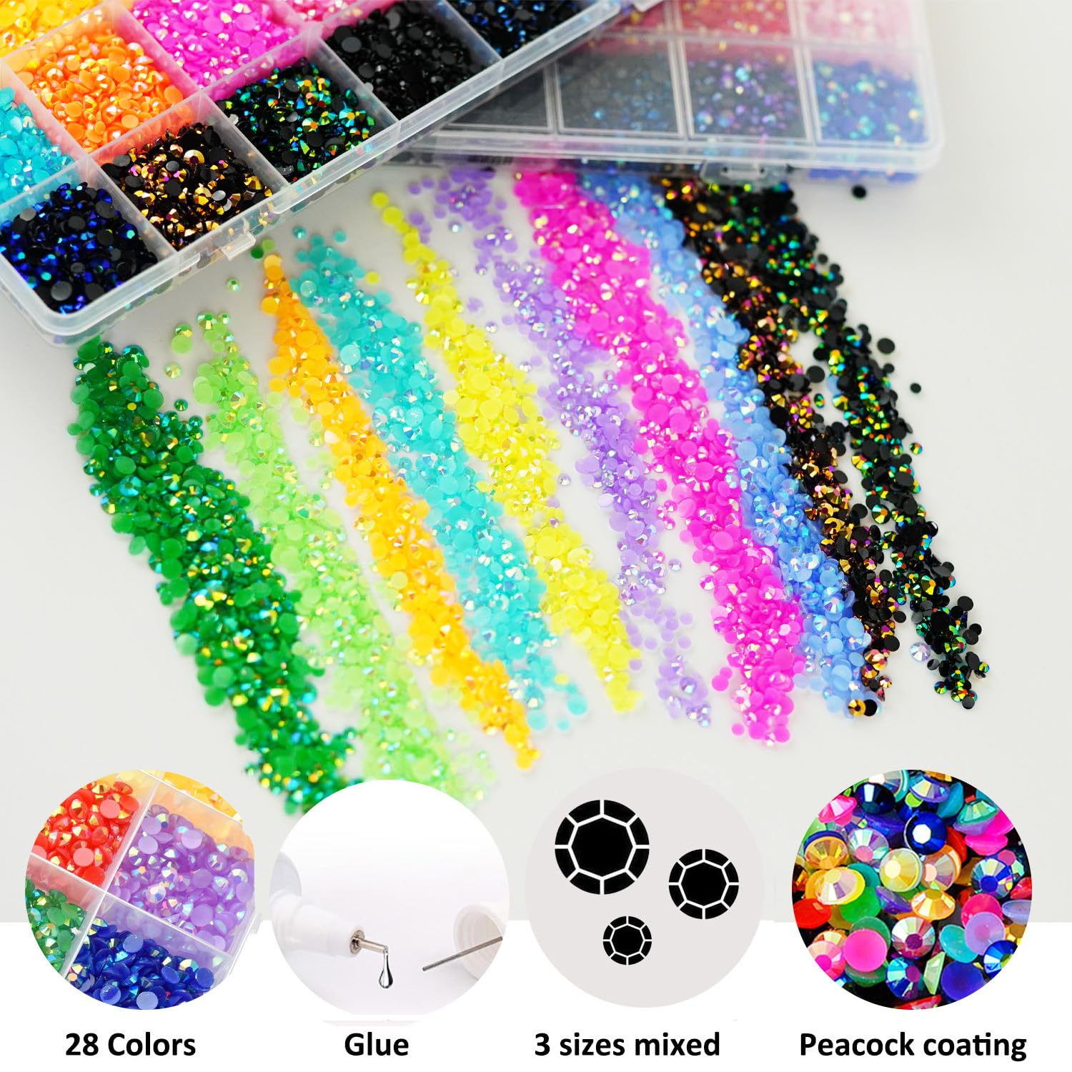 Flatback resin rhinestones arranged by color for DIY art projects